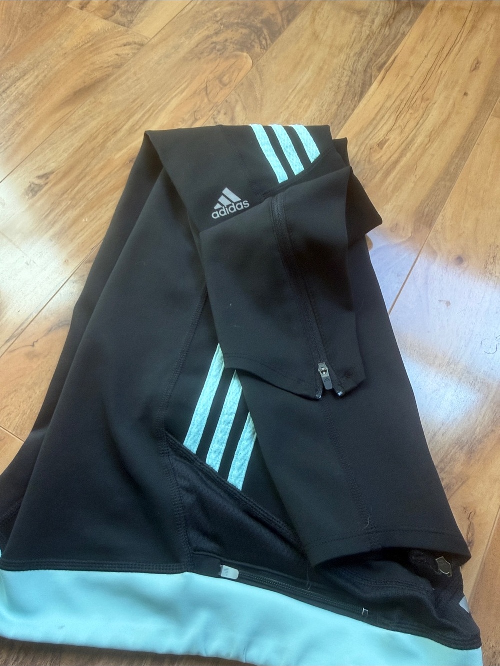 adidas Black Leggings with Light Blue Stripe Accents
